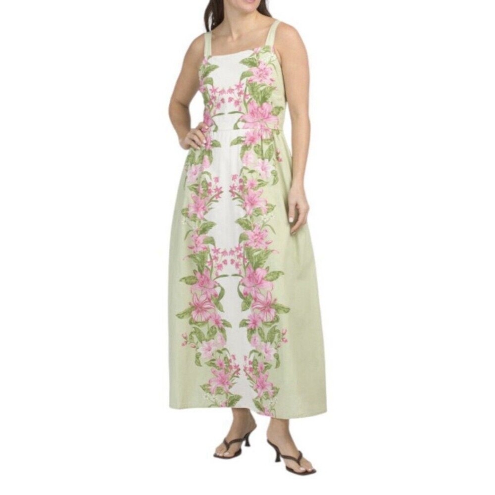 NWT LEA Floral Maxi Dress Size L Green Pink Sleeveless Pockets Smocked Back